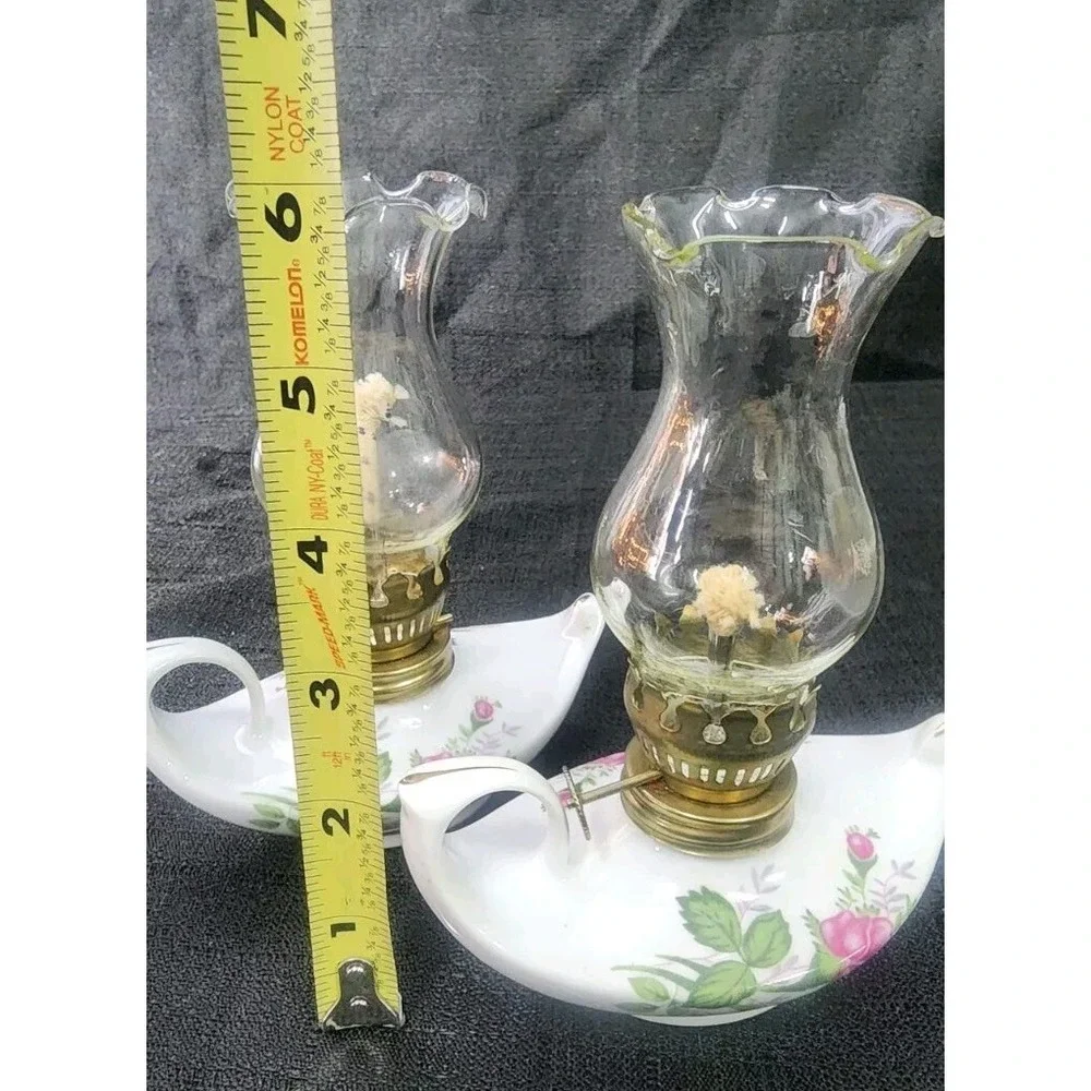 2 Vintage‎ Miniature Aladin Oil Lamp White Porcelain Pink Rose NEW OLD STOCK 80s